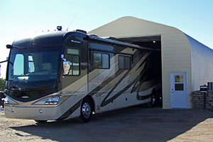 Class A motorhome in storage