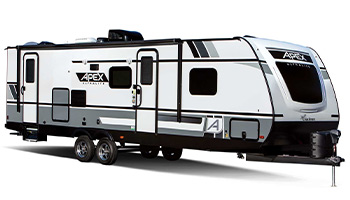 Image shows the Apex  Ultra-Lite, which is an eco friendly RV made by Coachmen. 
