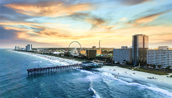 aerial view of a Myrtle Beach's boardwalk, a popular snowbird RV destination  