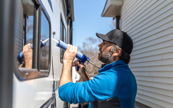 man making repair to his rv