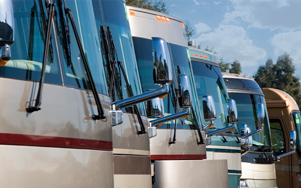 RVs lined up at an RV show